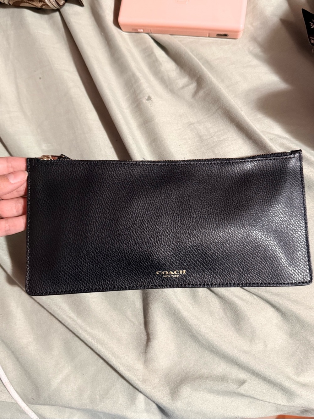 Coach Black Pebbled Leather Zip Pouch with Gold Logo
